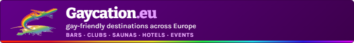 Gaycation.eu banner, 728 by 90 pixels, Dark