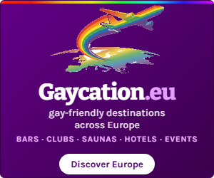 Gaycation.eu banner, 300 by 250 pixels, Dark