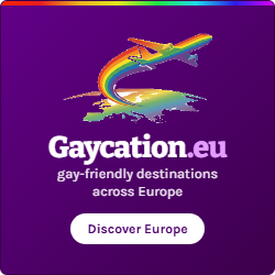 Gaycation.eu banner, 250 by 250 pixels, Dark