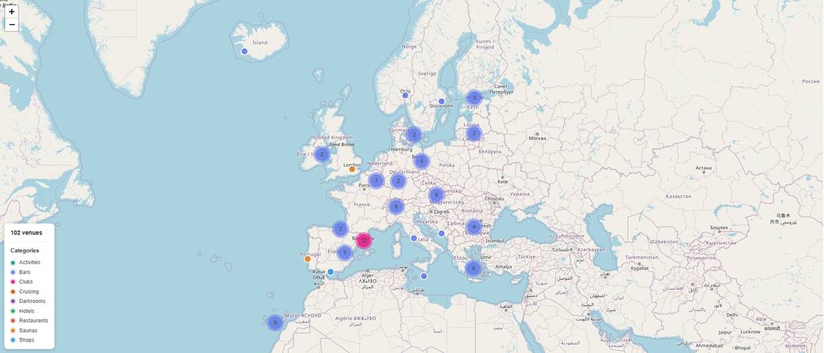 Gay-friendly venues across Europe map