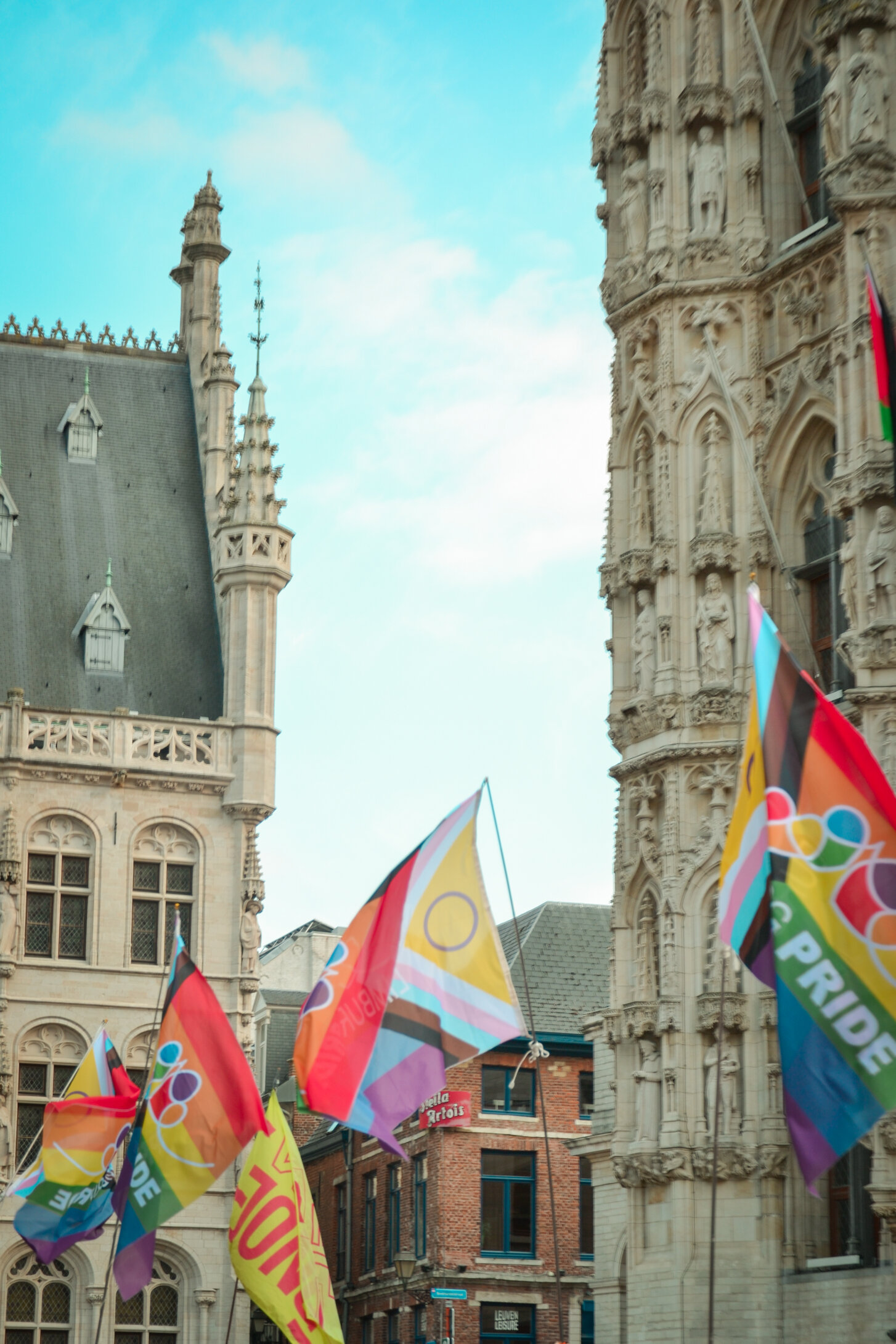 Pride flags against the stonework of the town hall. Leuven Pride 2025, photo: Cato Van Den Kerckhove
