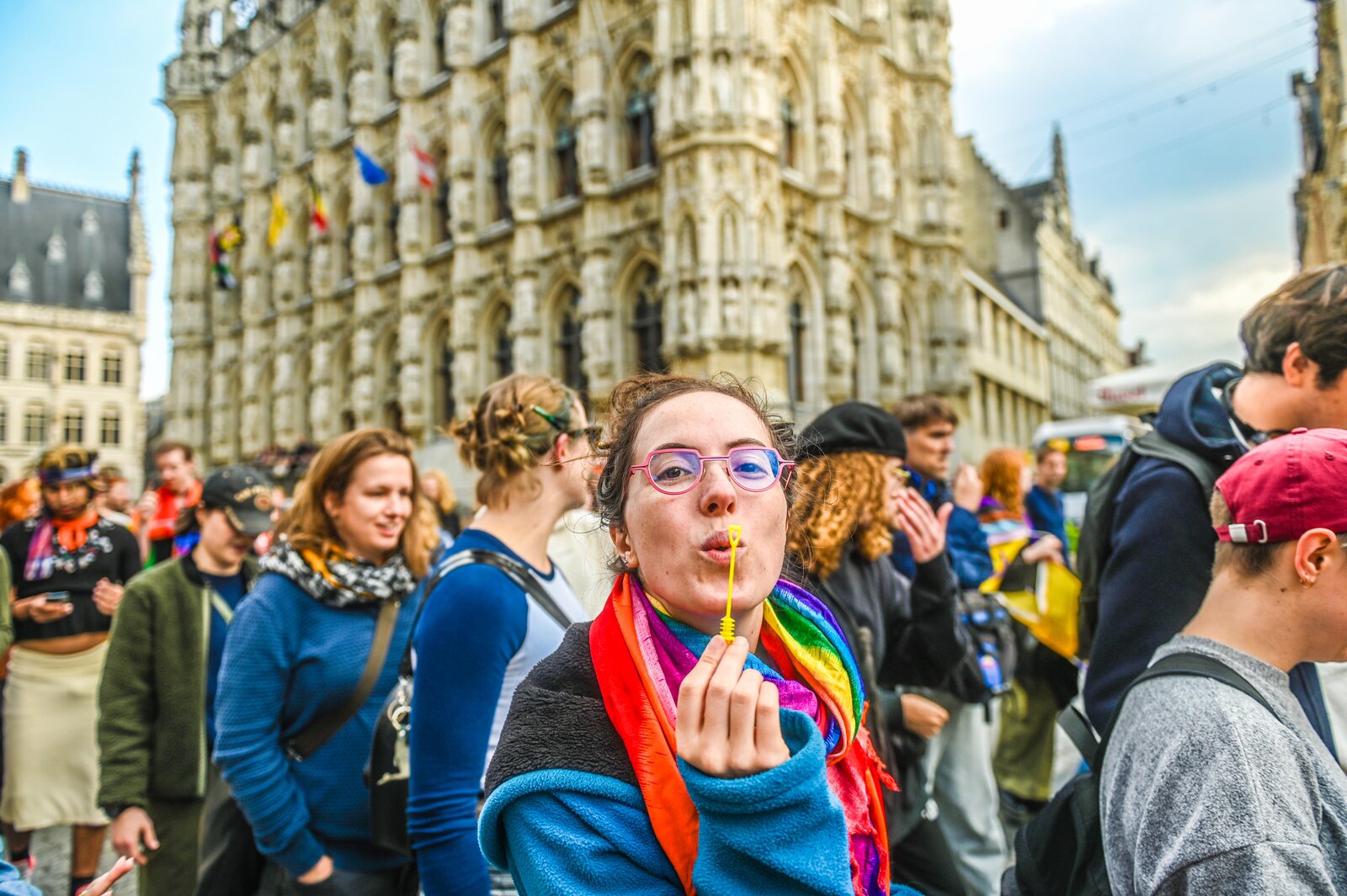 A whistle and a rainbow scarf on the square in front of the town hall. Leuven Pride 2025, photo: Koen Bauters