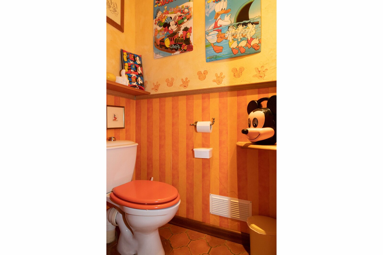 The separate lavatory, decorated with Disney posters and a Mickey Mouse figure