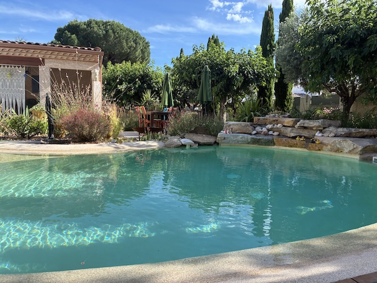 The pool with its natural stone waterfall feature and a shaded seating corner.