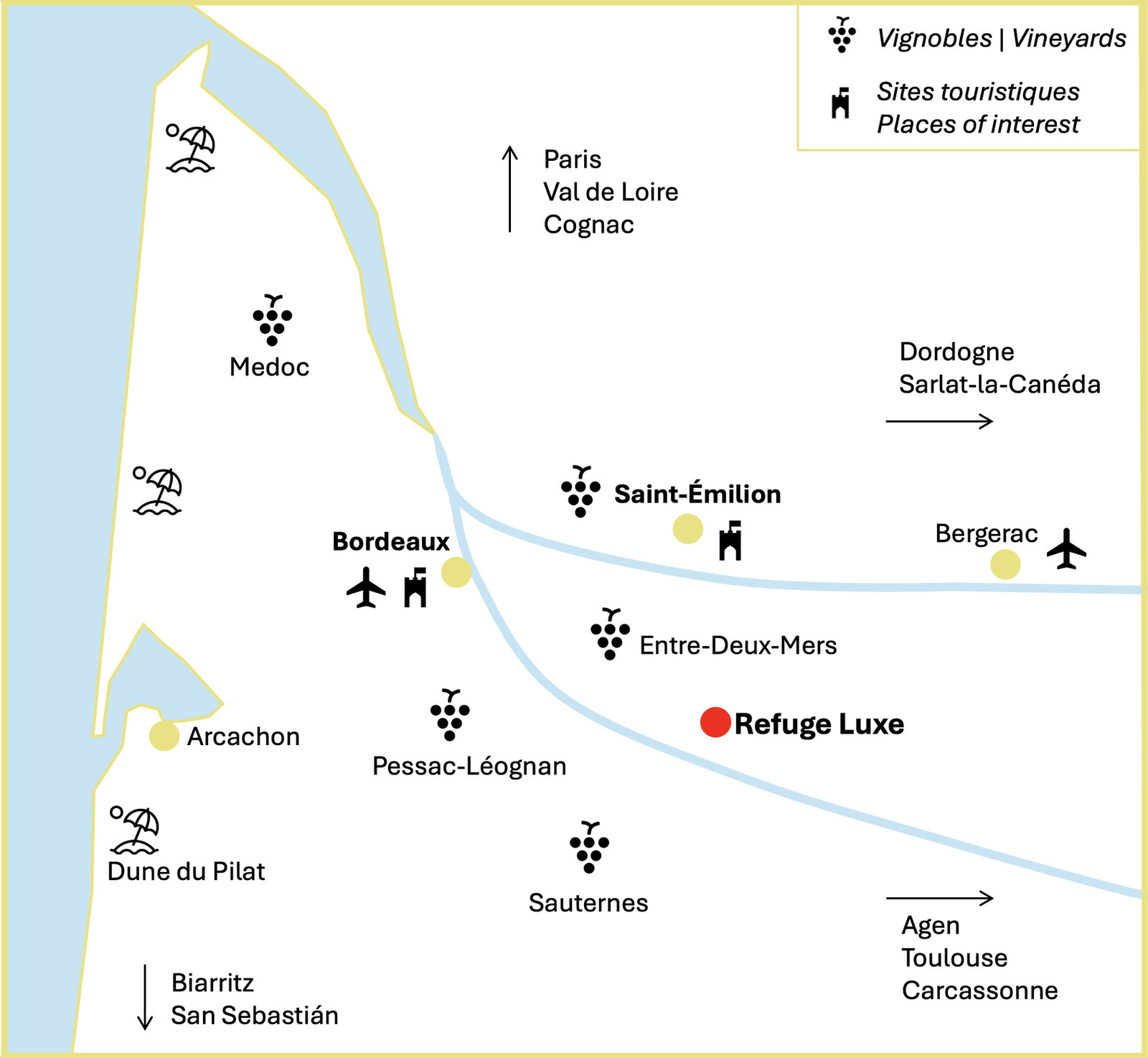 A map showing how to reach the guest house among the vineyards and towns around Bordeaux.