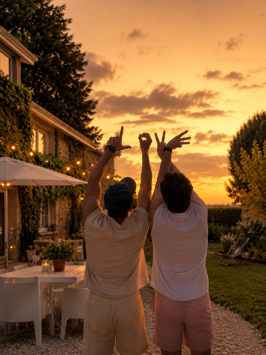 Two men seen from behind with their arms raised against an orange sunset sky, beside the ivy-covered house and the terrace.