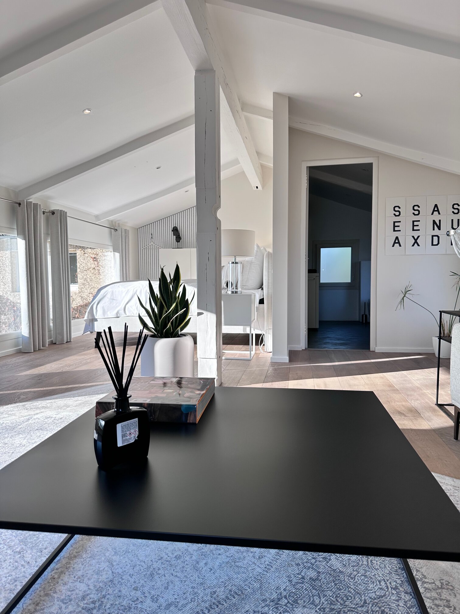 Bright room under white roof beams, with a black coffee table and a potted plant in front and a bed by the windows behind.