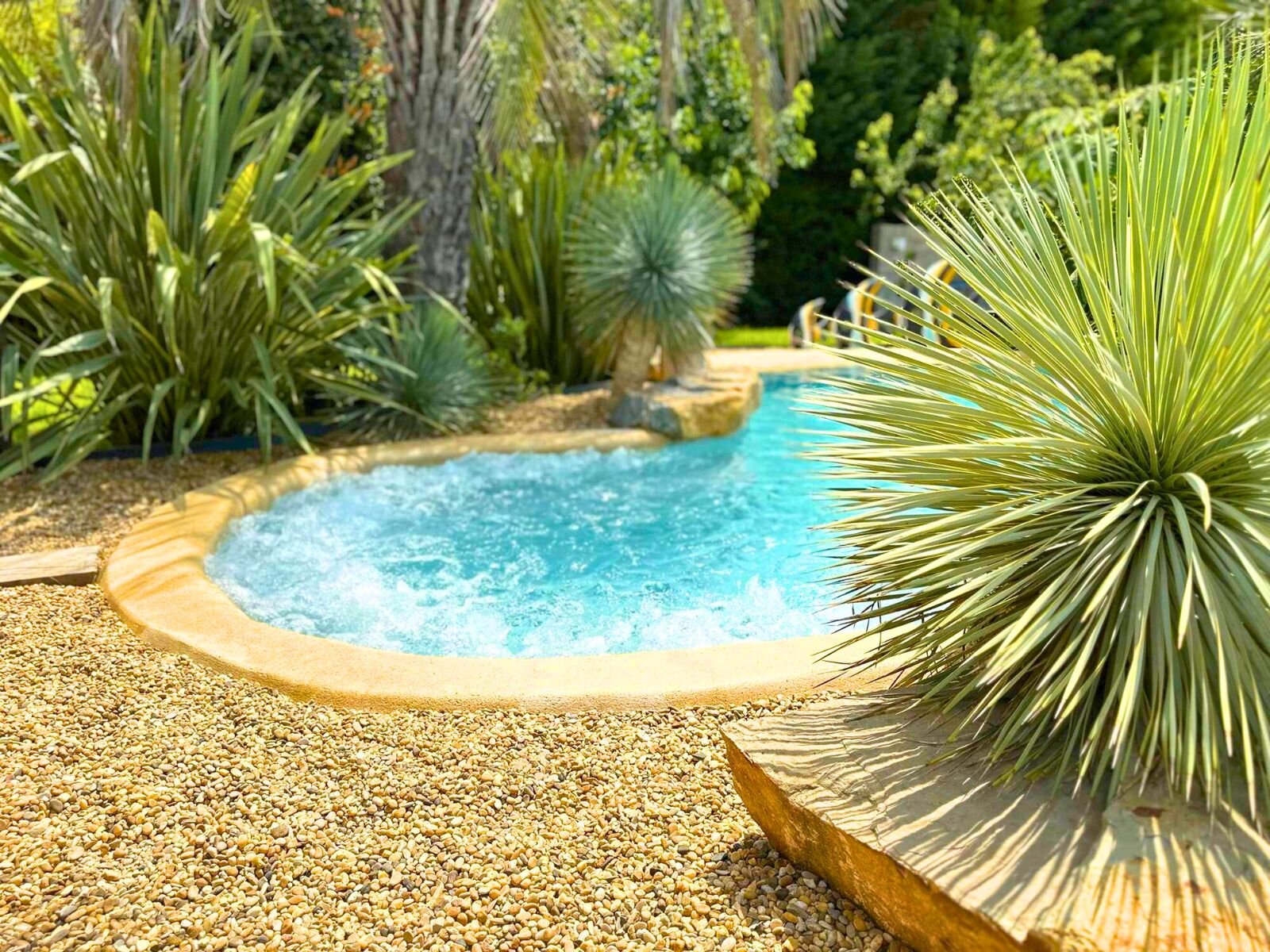 A small round whirlpool pool set in gravel among palms and yuccas, with the main pool behind.