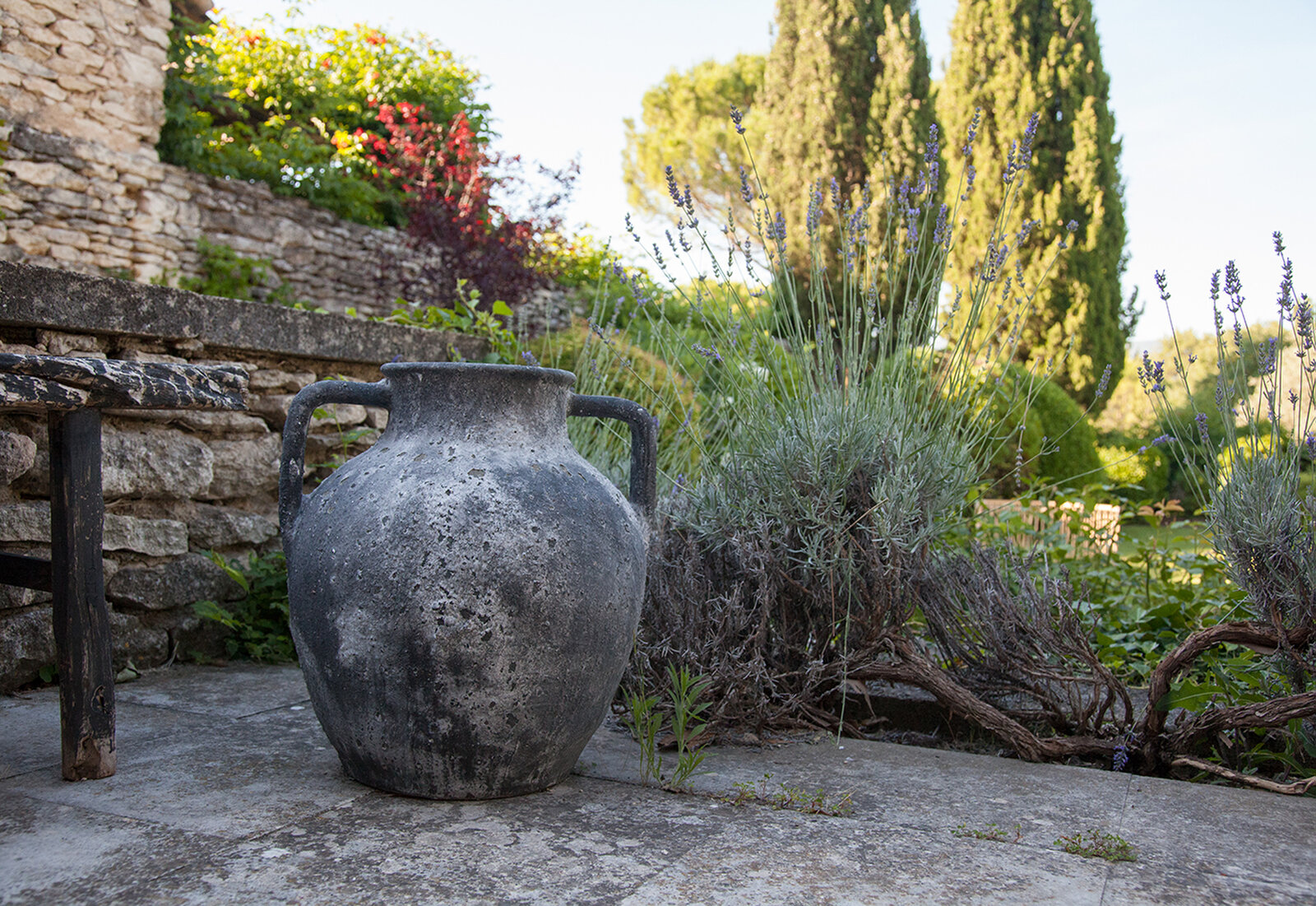 A stone urn on the terrace, framed by lavender and cypress trees.