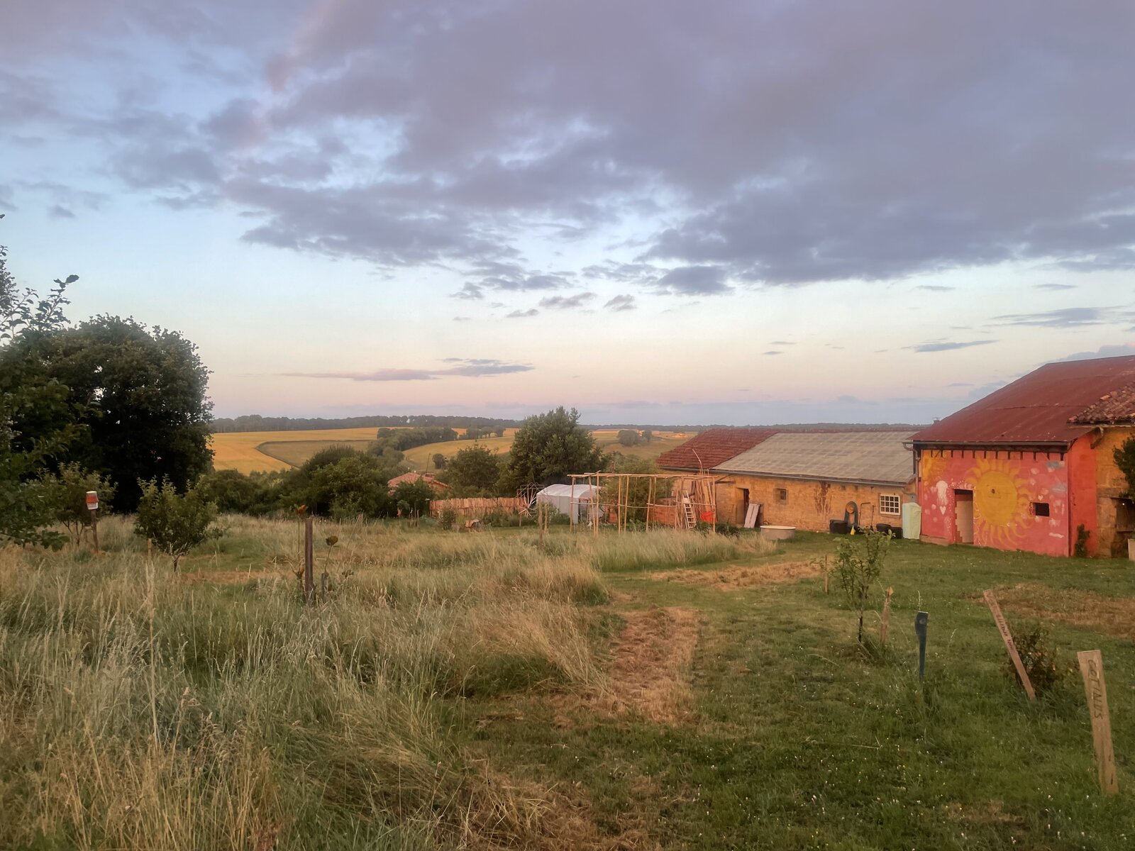 View across the meadow to the farm buildings and the Poitou countryside at dusk.