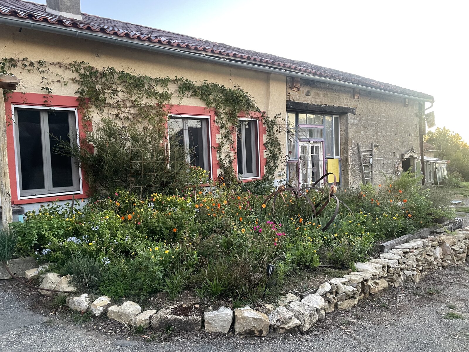 The farmhouse seen from the garden, with vines climbing the red-framed windows.