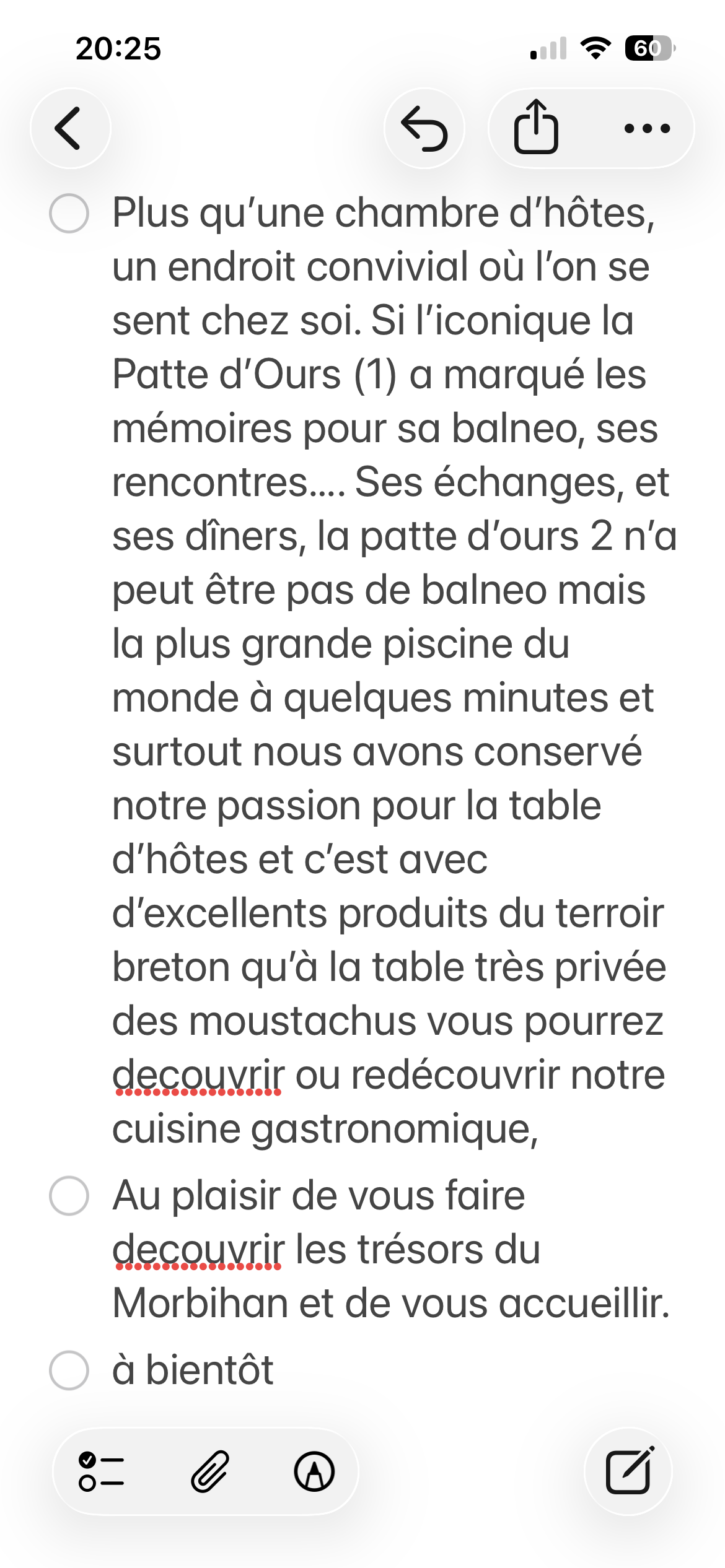 A screenshot of the guesthouse's welcome text about its table d'hotes.