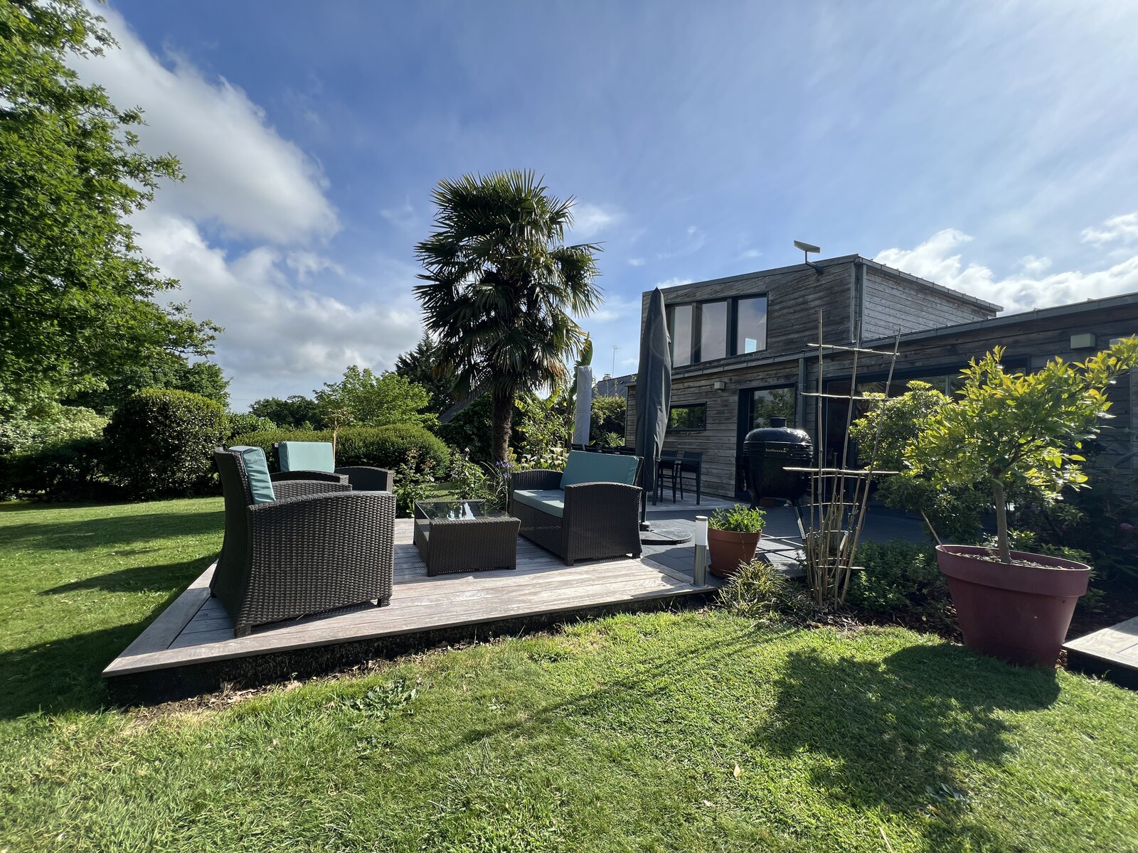The terrace with lounge furniture, a palm tree and the wood-clad house.