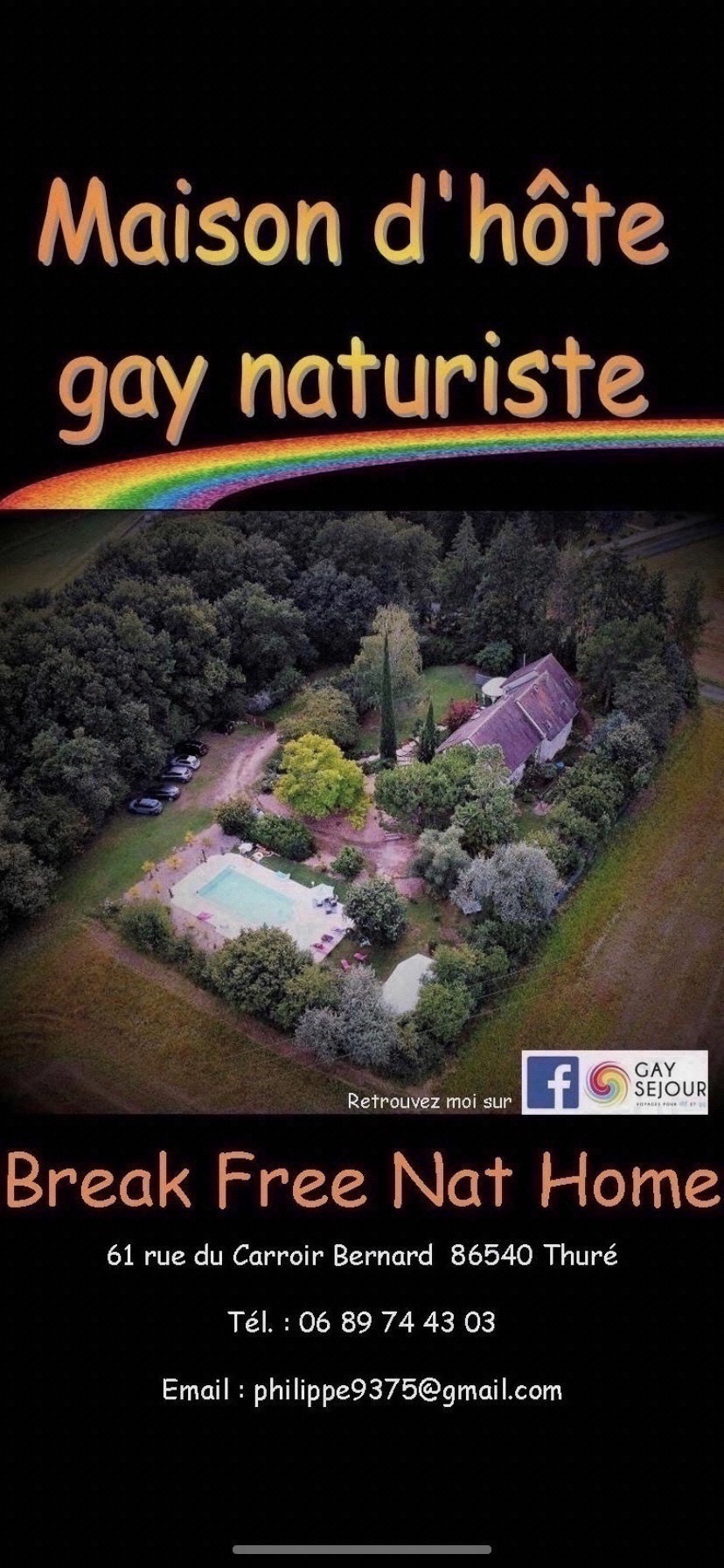A flyer for the gay naturist guest house with an aerial view of the house, pool and garden, plus the address and contact details.