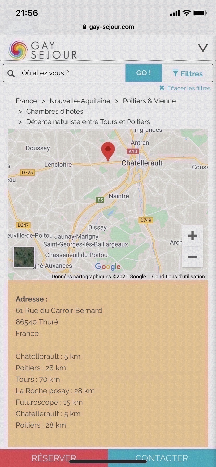 A phone screenshot of a directory listing with a map and the guest house's address and distances to nearby towns.
