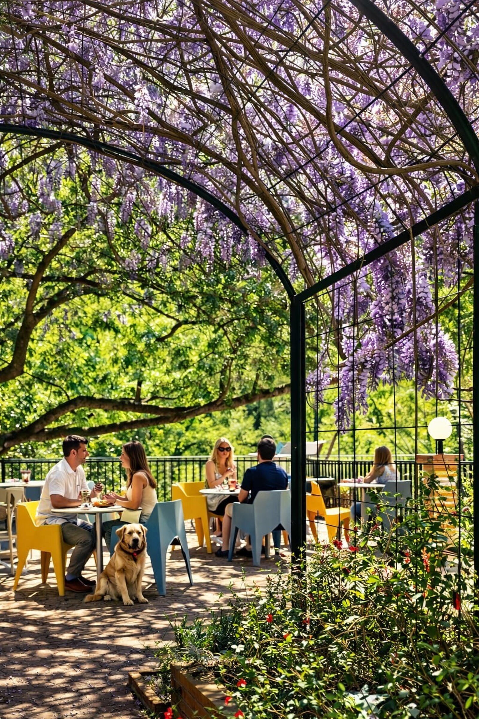 Lunch on the terrace under a pergola of flowering wisteria, with a dog lying at a table.