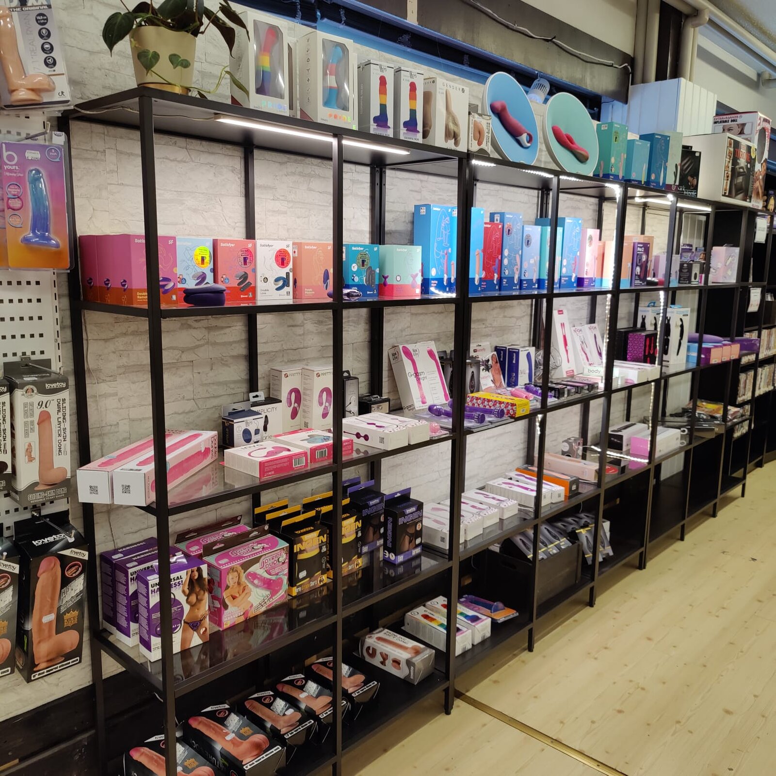 Open shelving with vibrators, dildos and harnesses, including a row in rainbow colours