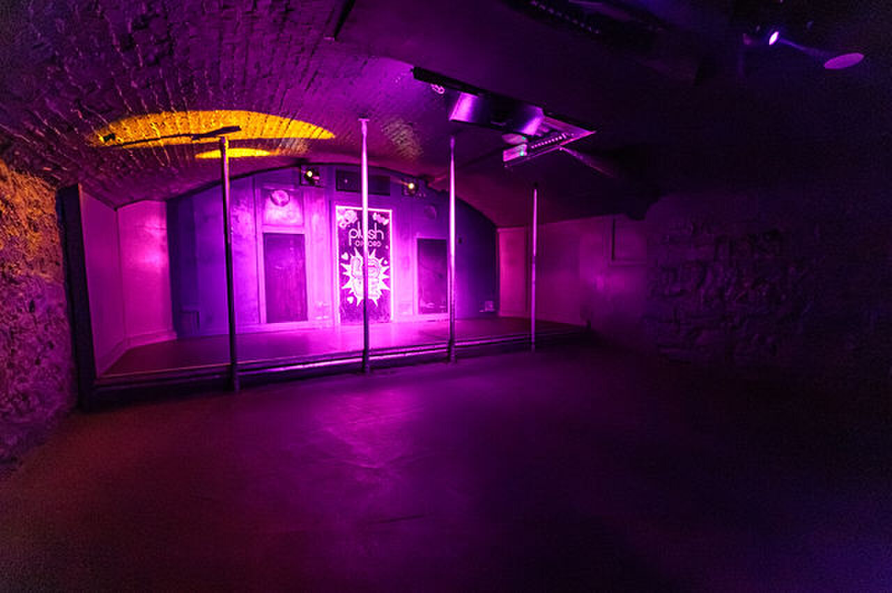 The dance floor and its low stage with poles, lit purple.
