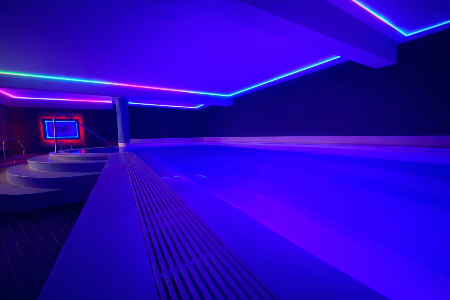 Our 11-metre heated swimming pool: Enjoy the pool with colour-changing underwater lighting.
