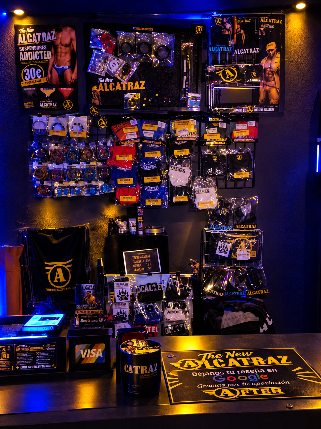 The shop wall behind the counter: cock rings, jockstraps, underwear and Alcatraz merchandise.